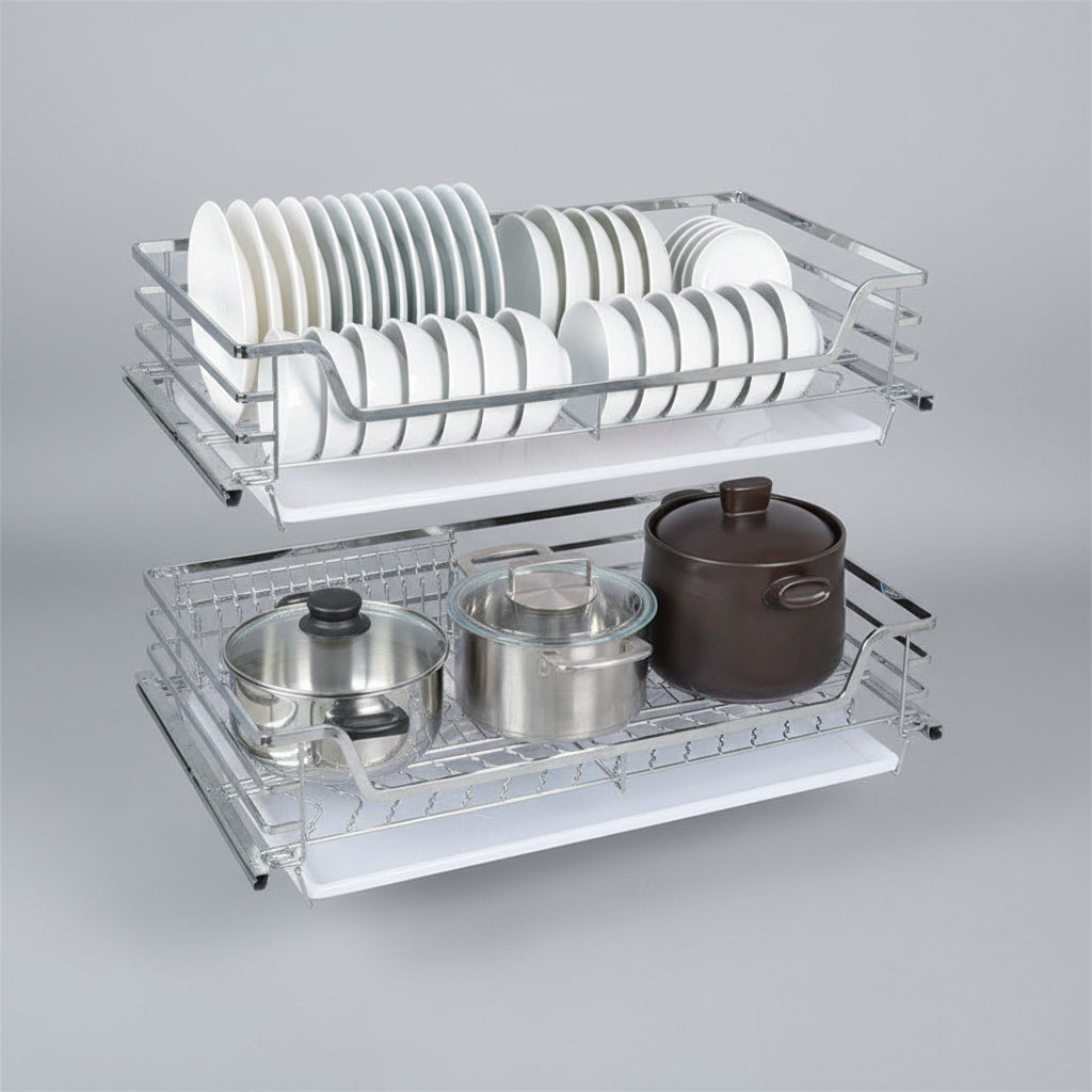 Tiroir coulissant double en acier inoxydable VidaXL, design robuste, pour rangement pratique et moderne.