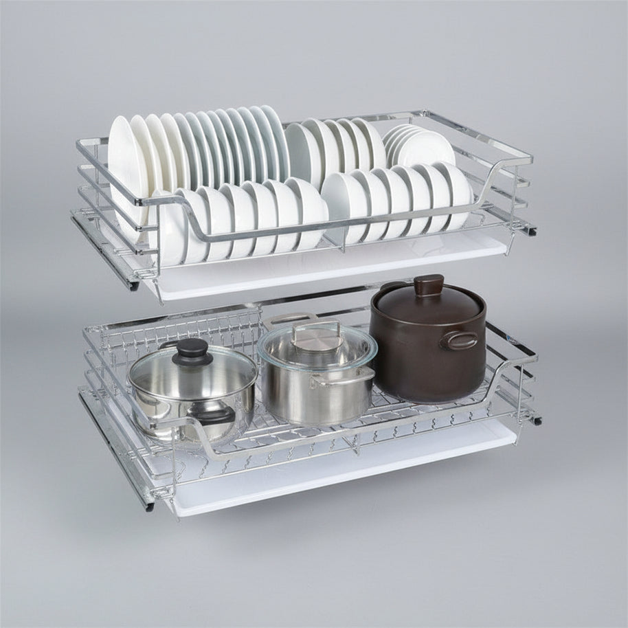 Tiroir coulissant double en acier inoxydable VidaXL, design robuste, pour rangement pratique et moderne.