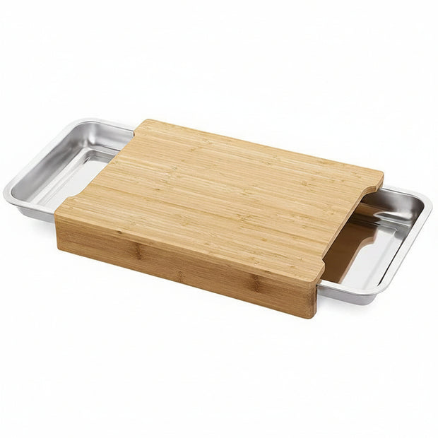 Planche à découper en bambou avec tiroir de la marque RENFAN, surface lisse pour couper et ranger les ustensiles.