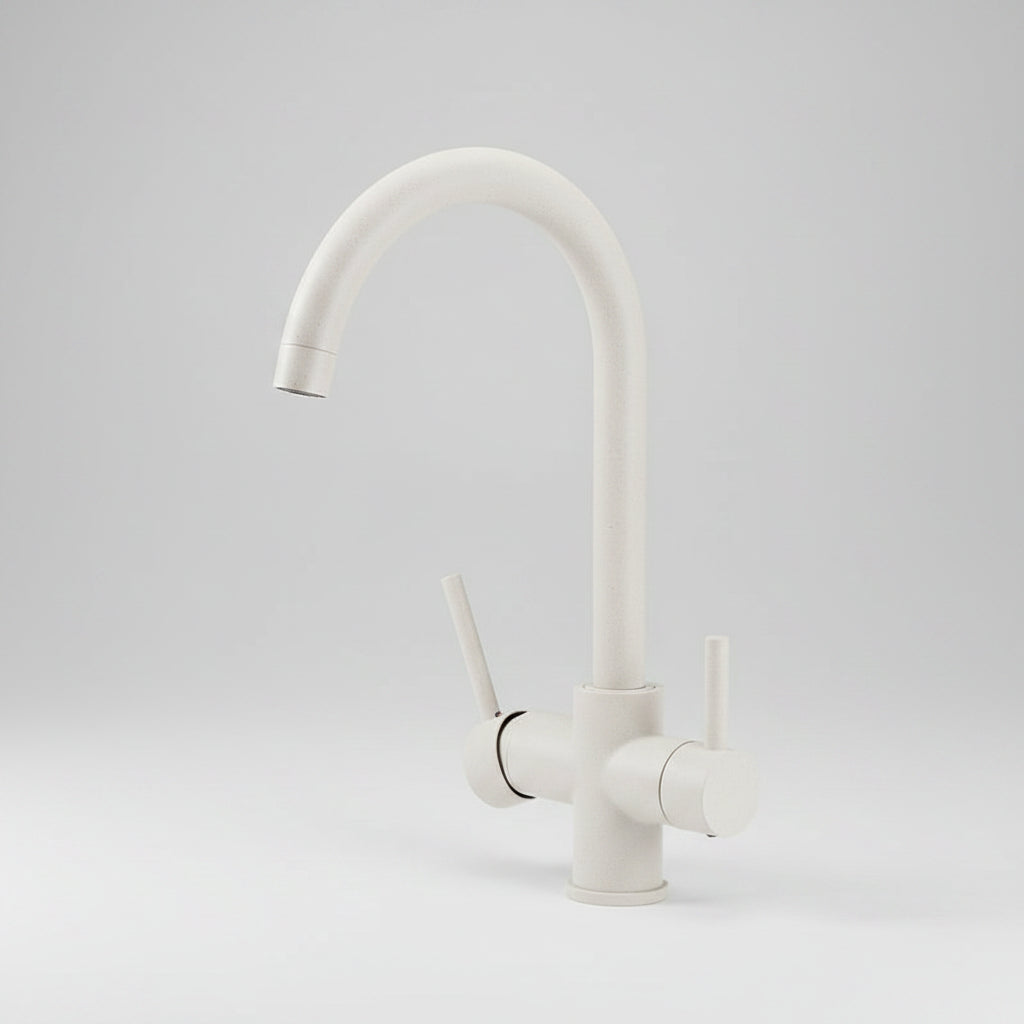 Robinet de cuisine RENFAN Laval en acier inoxydable avec poignée et bec tournant, installation moderne et élégante.