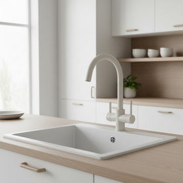 Robinet de cuisine RENFAN Laval en acier inoxydable avec poignée et bec courbé, vue de face.