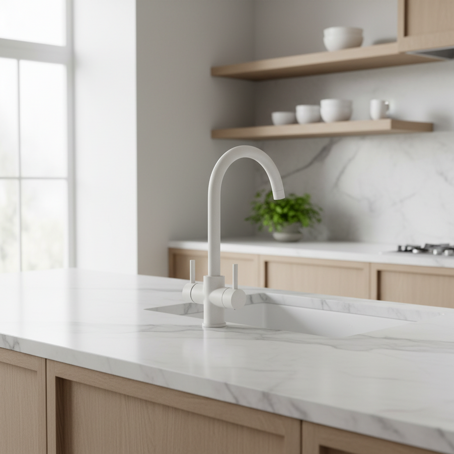 Robinet de cuisine Haussslyon Laval en acier inoxydable avec poignée tournante et bec flexible.