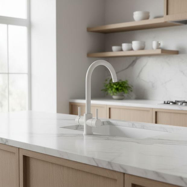 Robinet de cuisine RENFAN Laval en acier inoxydable avec poignée pivotante et bec flexible, vue de face.
