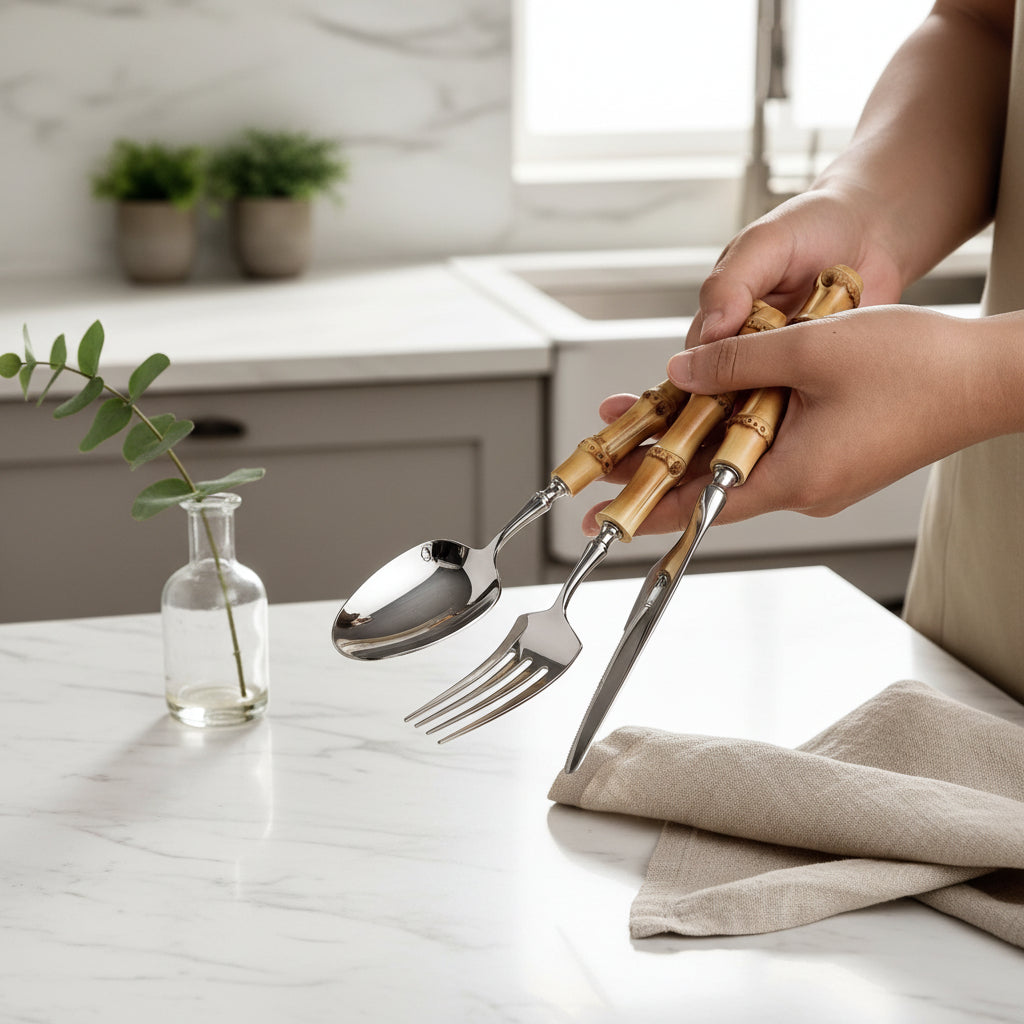 Couvert en acier inoxydable Kyotoji de la marque Renfan, élégant et durable, posé sur une table en bois.