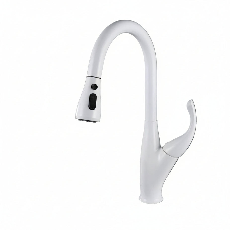 Robinet de cuisine Hauslyon Fleury avec poignée en acier inoxydable et bec tournant, installé sur un évier moderne.