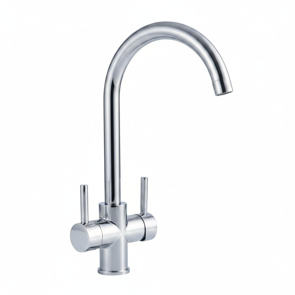 Robinet de cuisine RENFAN Laval en acier inoxydable avec poignée tournante et bec flexible, installation murale.