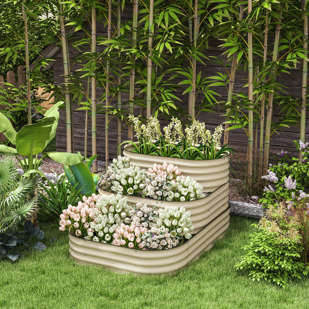 3-Tier Raised Garden Bed Set w/ Safety Edging, Open Bottom for Vegetables, Herbs, Flowers, 62.25" x 43" x 32.25", Cream - HAUSSLYON