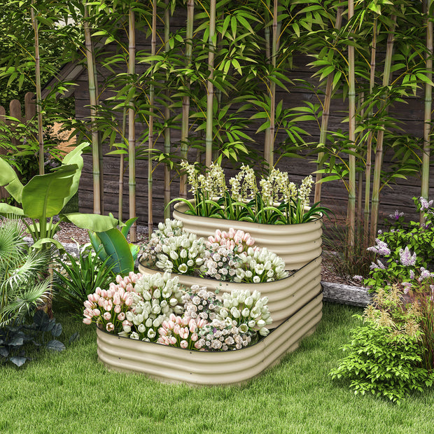 3-Tier Raised Garden Bed Set w/ Safety Edging, Open Bottom for Vegetables, Herbs, Flowers, 62.25" x 43" x 32.25", Cream - HAUSSLYON