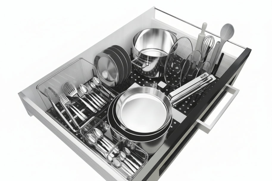 Organisation de tiroir de cuisine avec système de rangement Lavaltrie de la marque Hausslyon, montrant des compartiments en bois.