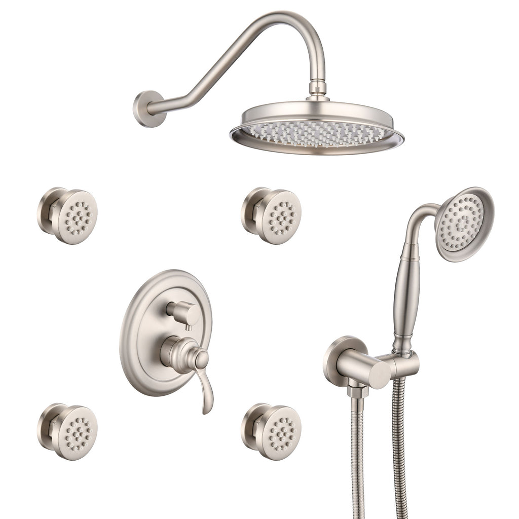 Single-Handle 4-Spray Patterns Bathroom Rain Shower Faucet With Body Jet Handshower In Brushed Nickel  Valve Included - HAUSSLYON