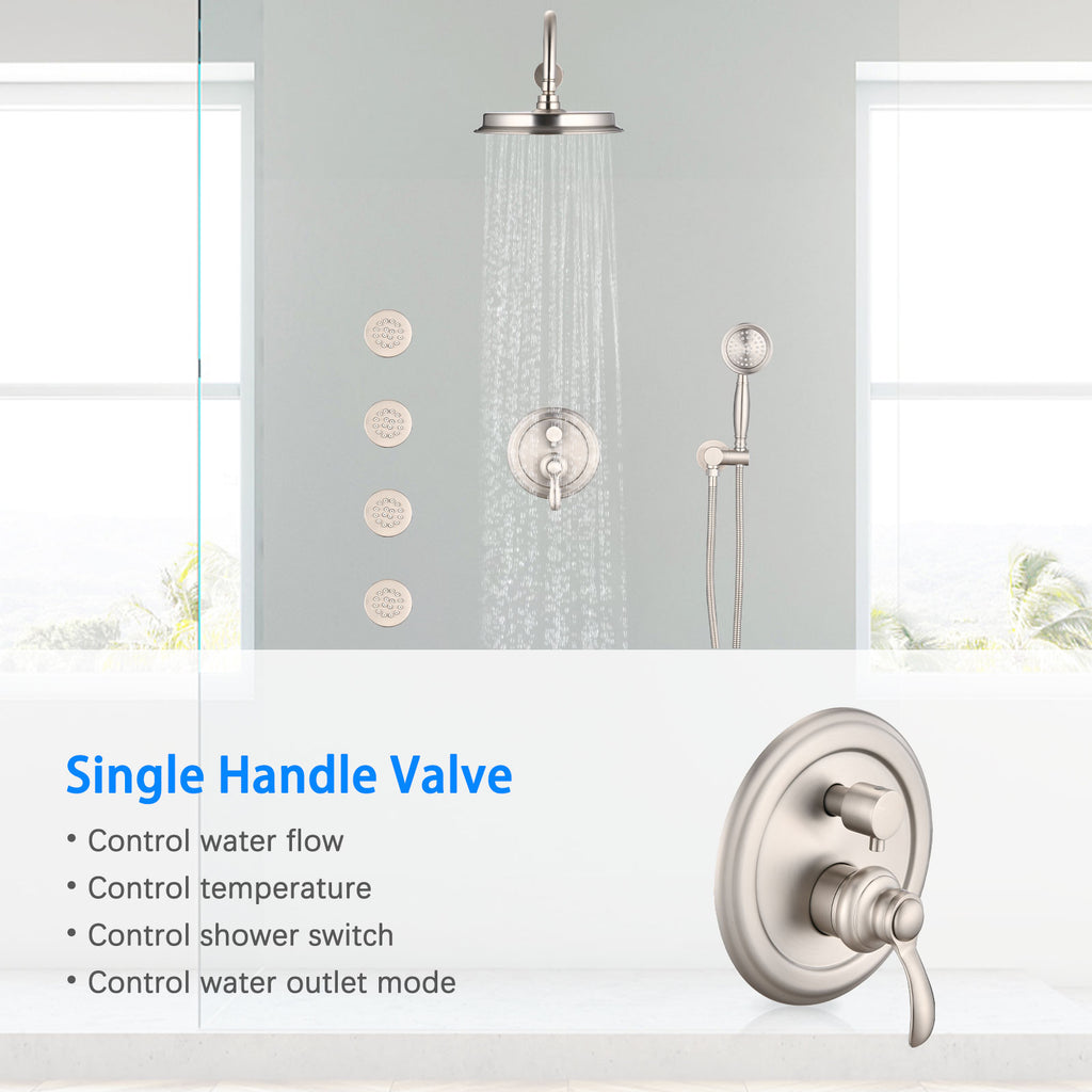 Single-Handle 4-Spray Patterns Bathroom Rain Shower Faucet With Body Jet Handshower In Brushed Nickel  Valve Included - HAUSSLYON