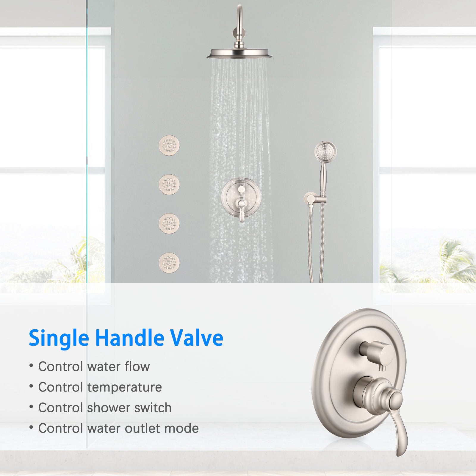 Single-Handle 4-Spray Patterns Bathroom Rain Shower Faucet With Body Jet Handshower In Brushed Nickel  Valve Included - HAUSSLYON