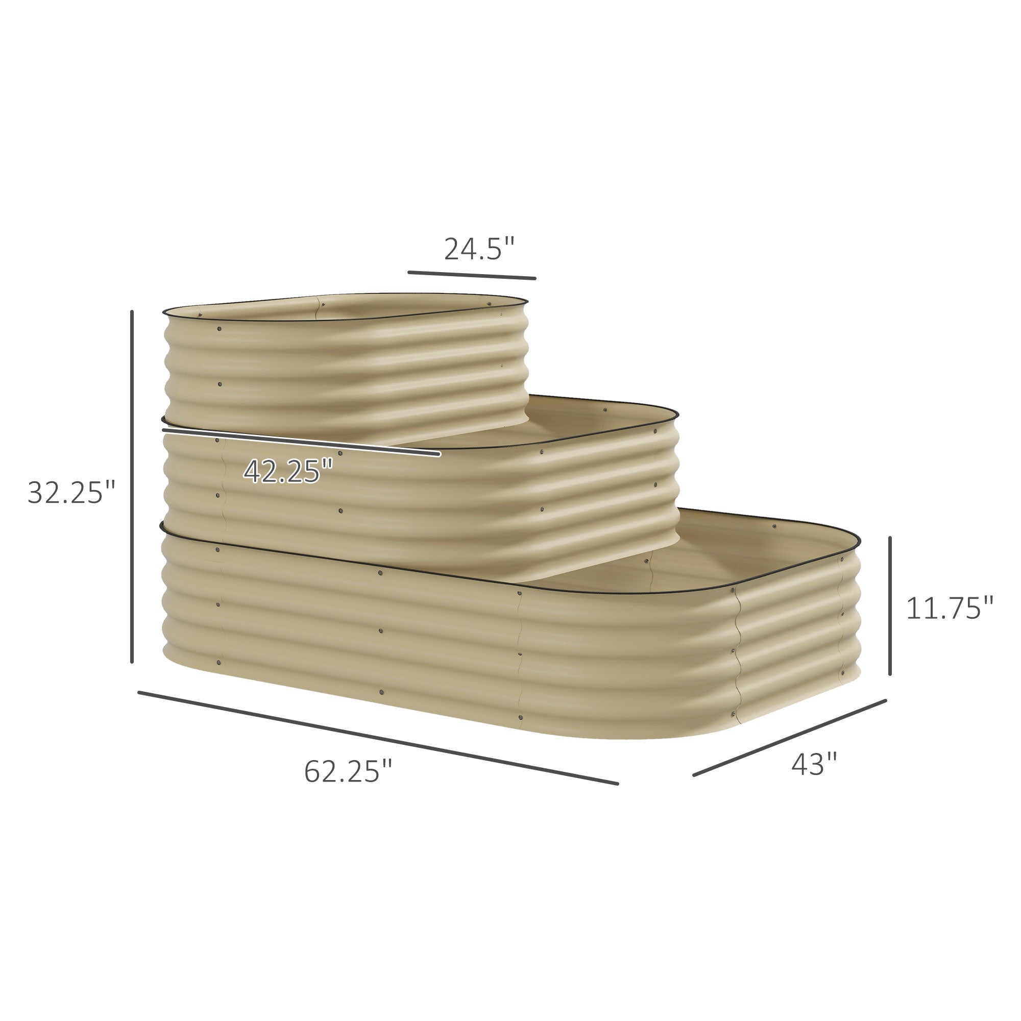 3-Tier Raised Garden Bed Set w/ Safety Edging, Open Bottom for Vegetables, Herbs, Flowers, 62.25" x 43" x 32.25", Cream - HAUSSLYON