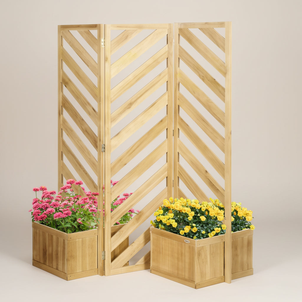 Decorative Outdoor Privacy Screen, Freestanding Divider/Separator with 4 Self-Draining Planters, 3 Trellis Plant Support Panels for Garden Walkway, Backyard, Natural Wood - HAUSSLYON