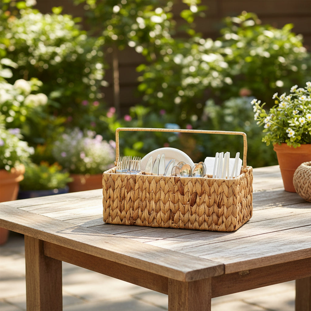 Panier de rangement portable pour ustensiles de cuisine RENFAN Antalahas, avec compartiments en tissu blanc et poignée pratique.