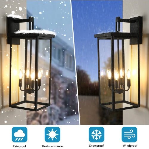 26H 1ps Modern Outdoor Wall Lanterns With Black Metal Frame And Clear Glass, 4 E12 Bulb Socket, Weatherproof Wall Sconces For Porch, Garden, Patio No Bulbs - HAUSSLYON