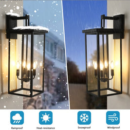 26H 1ps Modern Outdoor Wall Lanterns With Black Metal Frame And Clear Glass, 4 E12 Bulb Socket, Weatherproof Wall Sconces For Porch, Garden, Patio No Bulbs - HAUSSLYON