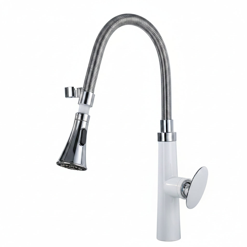 Robinet de cuisine VidaXL en acier inoxydable avec poignée rotative et bec flexible, installé sur un évier de cuisine.