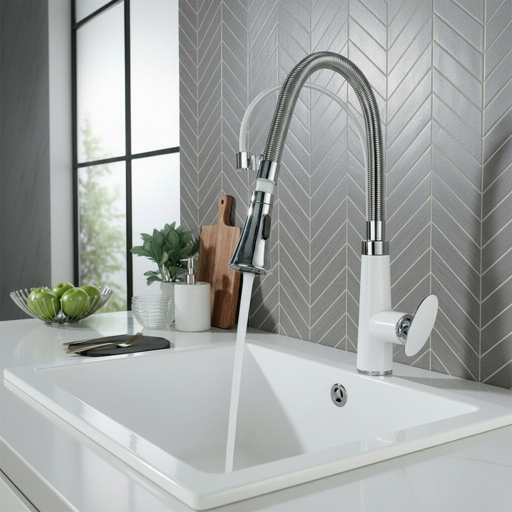 Robinet de cuisine VidaXL en acier inoxydable avec levier, installation simple et design moderne visible sur l'image.