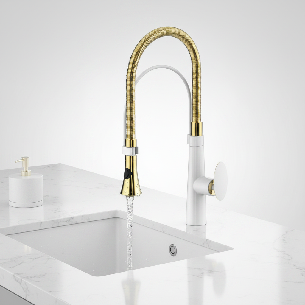 Robinet de cuisine VidaXL en acier inoxydable avec poignée et bec tournant, installation simple, design moderne.