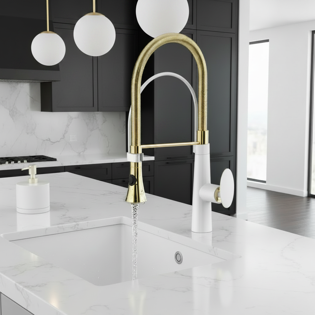 Robinet de cuisine VidaXL Mondego en acier inoxydable avec poignée rotative et douchette intégrée, installation facile.