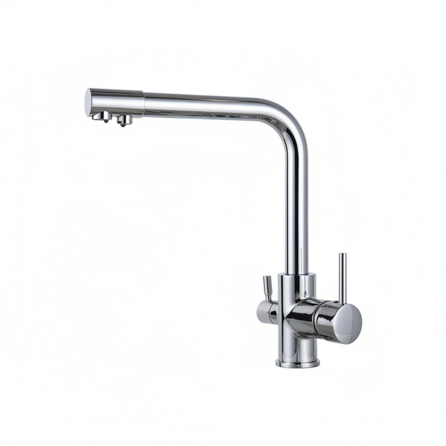 Robinet de cuisine VidaXL Chandler II en acier inoxydable avec poignée chromée et bec extensible, installation sur évier.