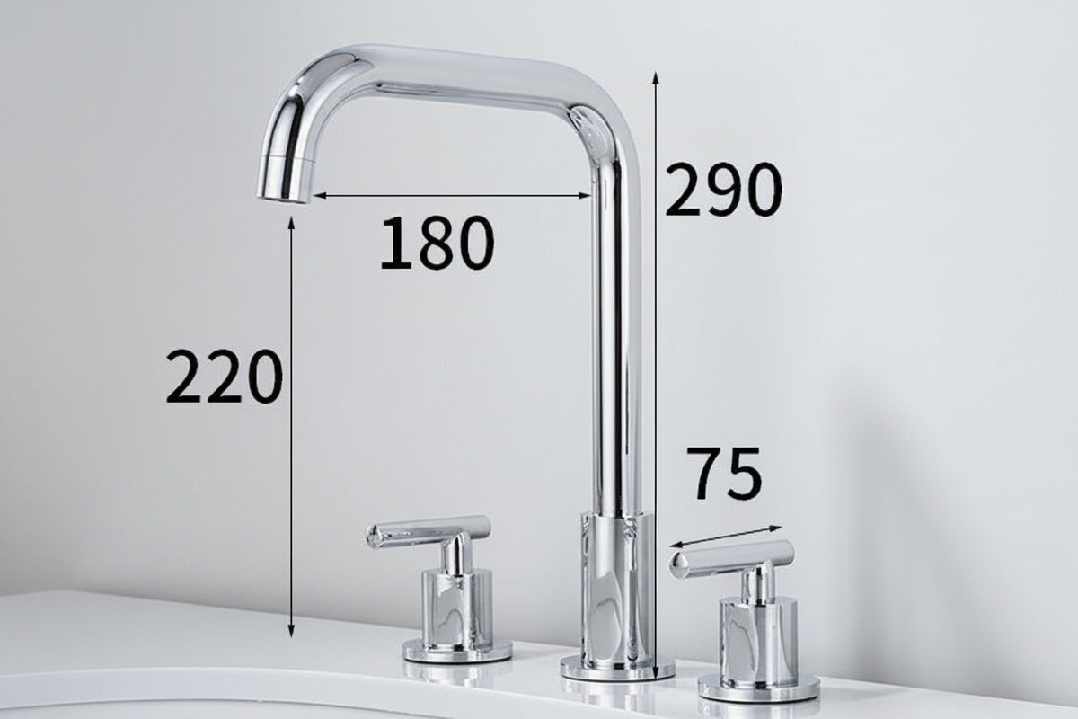Robinet de salle de bain Haussslyon Buea avec poignée chromée et design moderne, fixé sur un lavabo.