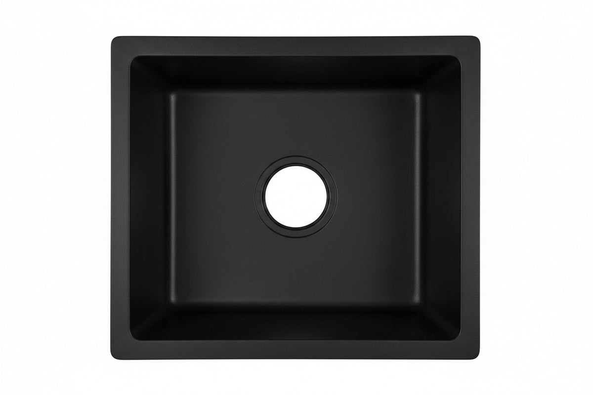 Évier de cuisine en granit Bordeaux de marque Hausslyon, surface noire avec double bac en pierre naturelle, design moderne.