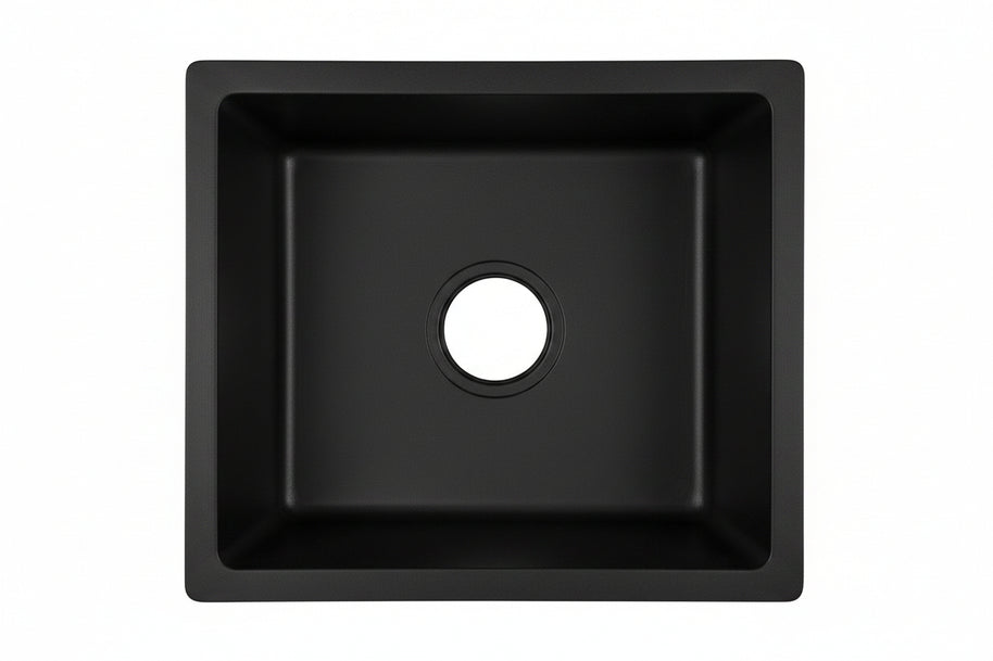 Évier de cuisine en granit Bordeaux de marque Hausslyon, surface noire avec double bac en pierre naturelle, design moderne.