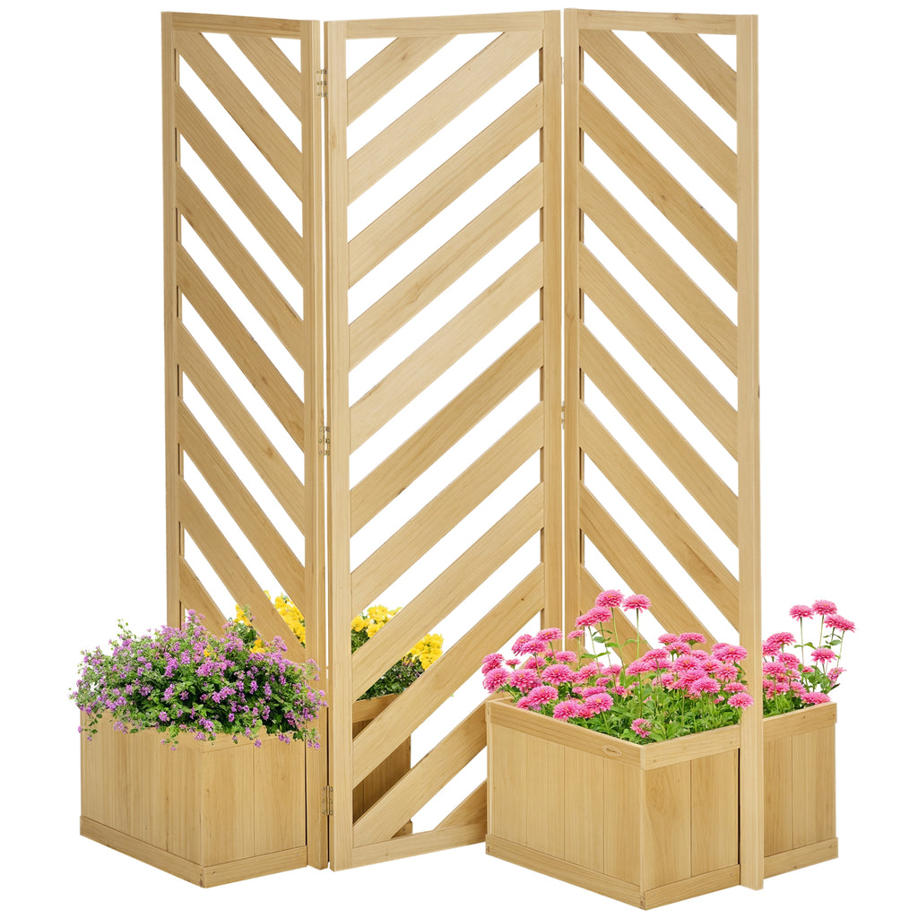 Decorative Outdoor Privacy Screen, Freestanding Divider/Separator with 4 Self-Draining Planters, 3 Trellis Plant Support Panels for Garden Walkway, Backyard, Natural Wood - HAUSSLYON