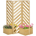 Decorative Outdoor Privacy Screen, Freestanding Divider/Separator with 4 Self-Draining Planters, 3 Trellis Plant Support Panels for Garden Walkway, Backyard, Natural Wood - HAUSSLYON