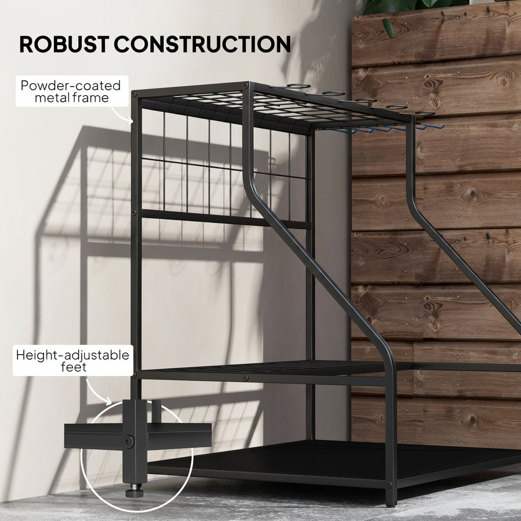 3-Tier Yard Tool Storage Rack, Garden Tool Organizer with Hooks for Long-Handled, Broom, Shovel, Blue - HAUSSLYON