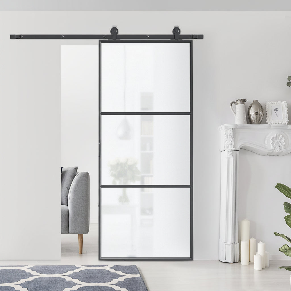 36" x 84" Sliding Door with Hardware Kit, Handle, & Track, Frosted Tempered Glass Door, Easy Installation - HAUSSLYON