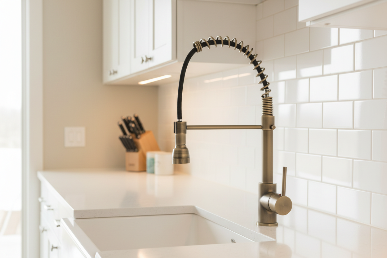 Robinet de cuisine VidaXL Rillieux en acier inoxydable avec poignée et bec flexible, installation facile, moderne et fonctionnel.