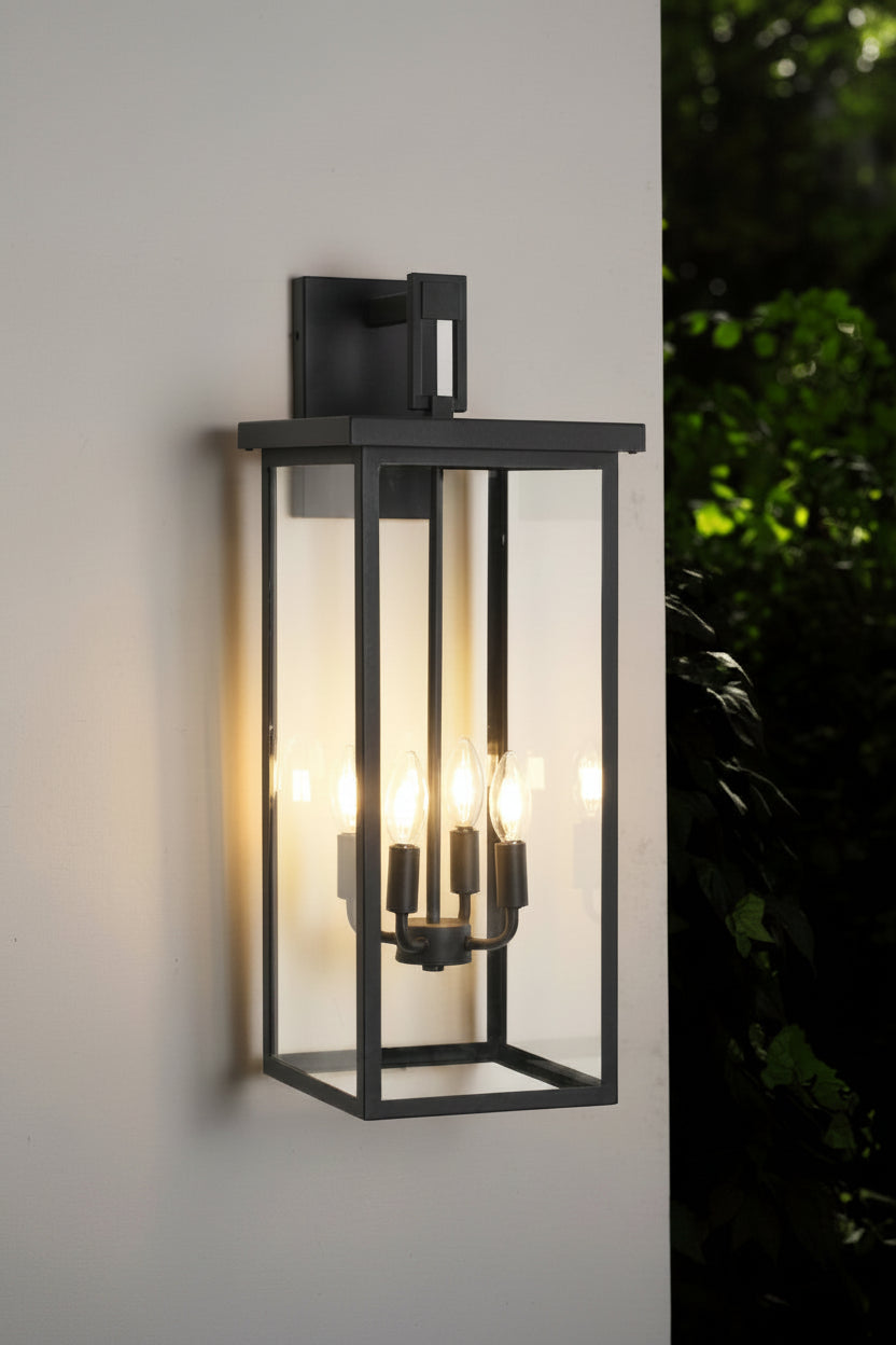 26H 1ps Modern Outdoor Wall Lanterns With Black Metal Frame And Clear Glass, 4 E12 Bulb Socket, Weatherproof Wall Sconces For Porch, Garden, Patio No Bulbs - HAUSSLYON