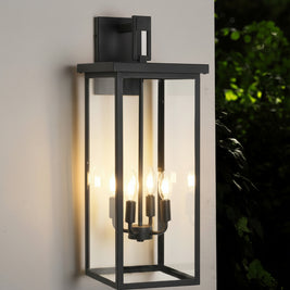 26H 1ps Modern Outdoor Wall Lanterns With Black Metal Frame And Clear Glass, 4 E12 Bulb Socket, Weatherproof Wall Sconces For Porch, Garden, Patio No Bulbs - HAUSSLYON
