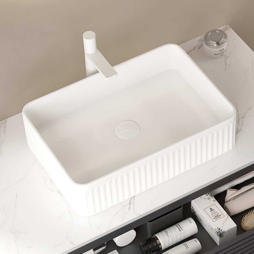 20 Bathroom Sink, Rectangular Striped Vessel Ceramic Basin Without Faucet, NO Cabinet, White - HAUSSLYON