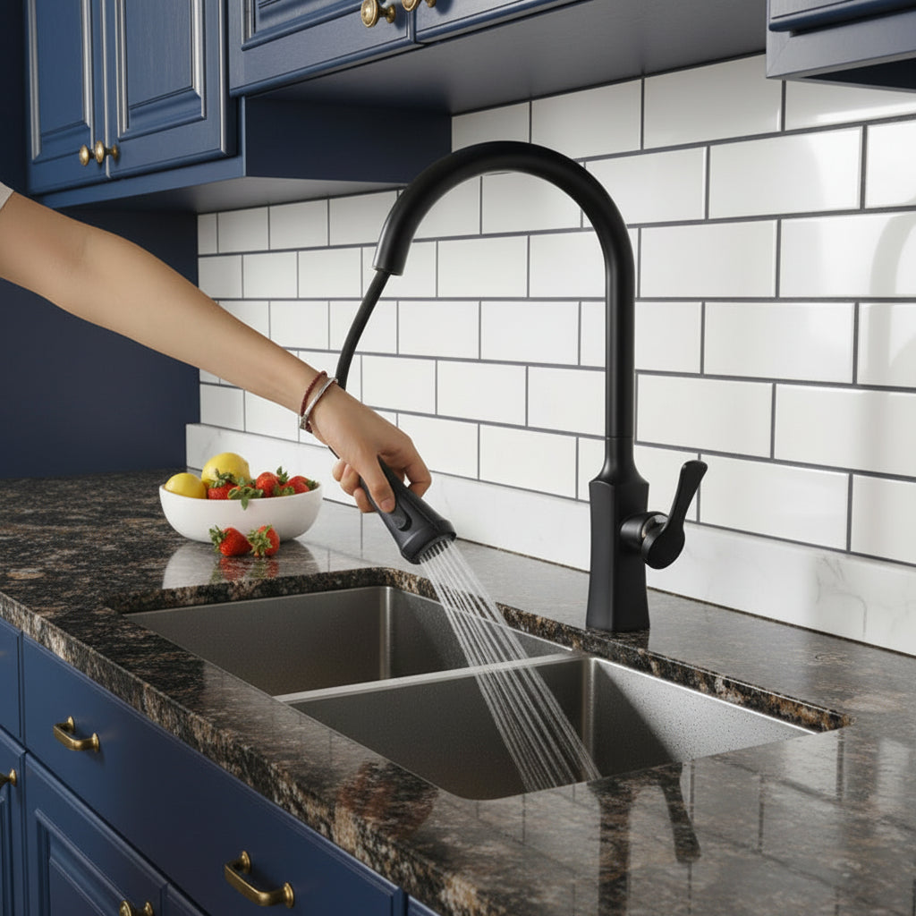 Robinet de cuisine RENFAN TATU CITY en acier inoxydable avec poignée tournante et sortie pour évier domestique.