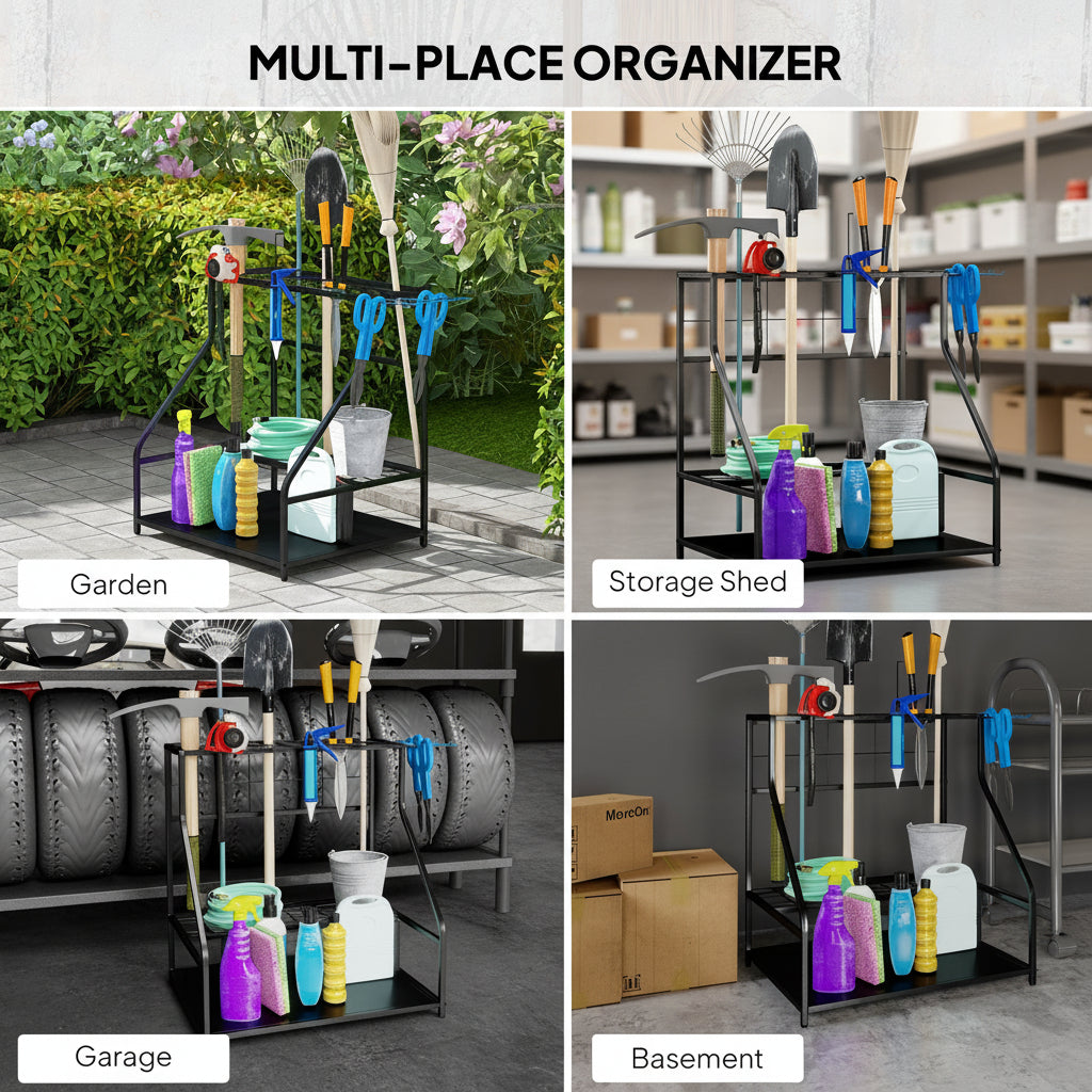 3-Tier Yard Tool Storage Rack, Garden Tool Organizer with Hooks for Long-Handled, Broom, Shovel, Blue - HAUSSLYON