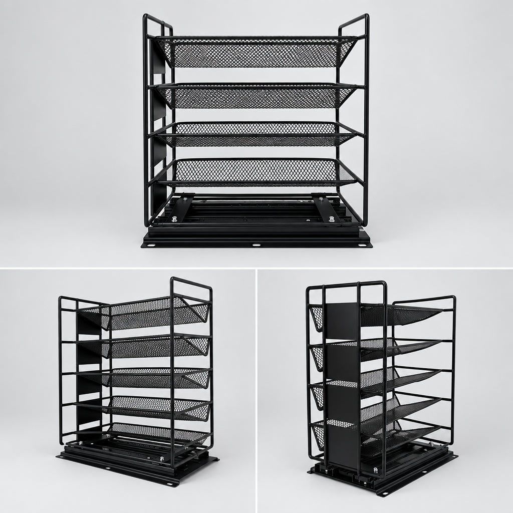 Étagère de rangement coulissante en métal pour épices de la marque HAUSSLYON, structure en métal noir avec plusieurs compartiments.