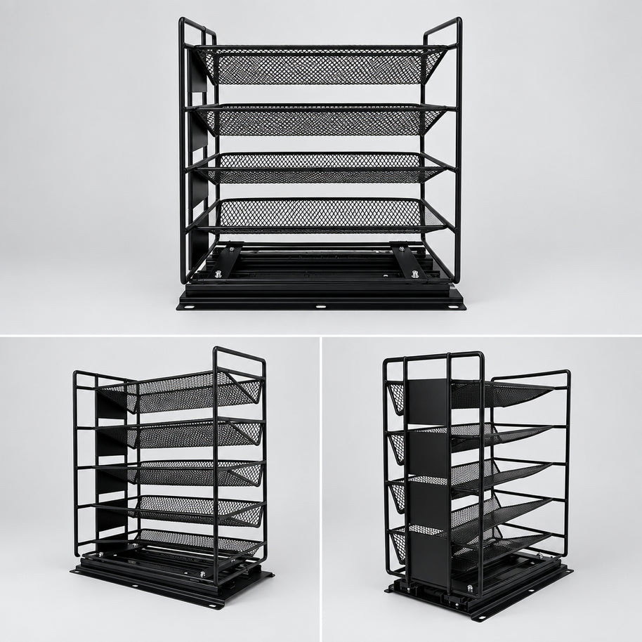 Étagère de rangement coulissante en métal pour épices de la marque HAUSSLYON, structure en métal noir avec plusieurs compartiments.