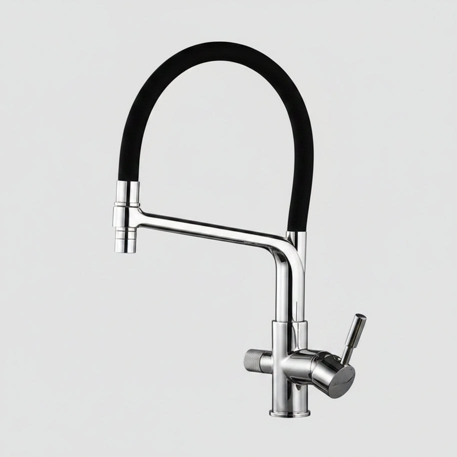 Robinet de cuisine HAUSSLYON OLYMPE en acier inoxydable avec poignée simple et sortie enroulable.
