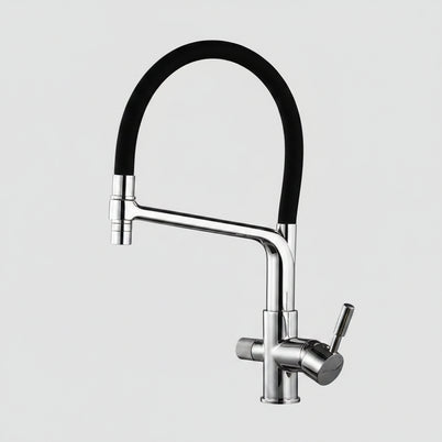 Robinet de cuisine HAUSSLYON OLYMPE en acier inoxydable avec poignée simple et sortie enroulable.