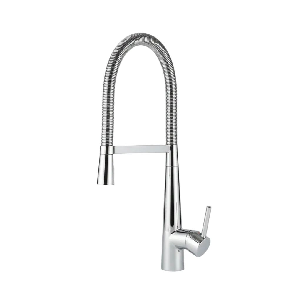 Robinet de cuisine Hauslyon avec une bride en métal, vue de face, montrant la poignée et la sortie d'eau, en acier chromé.