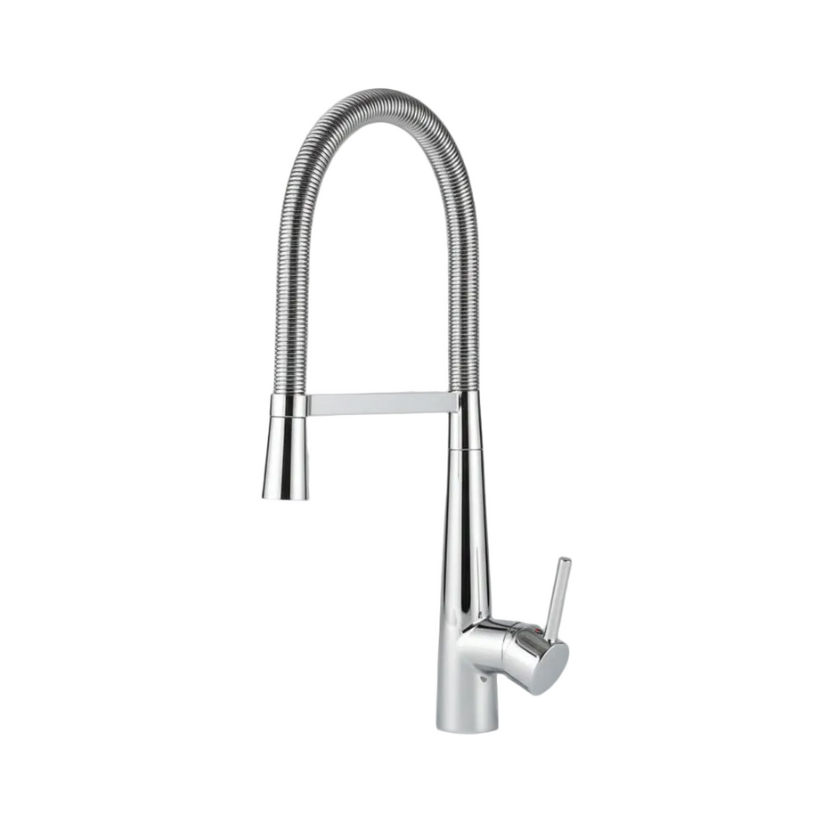 Robinet de cuisine Hauslyon avec une bride en métal, vue de face, montrant la poignée et la sortie d'eau, en acier chromé.