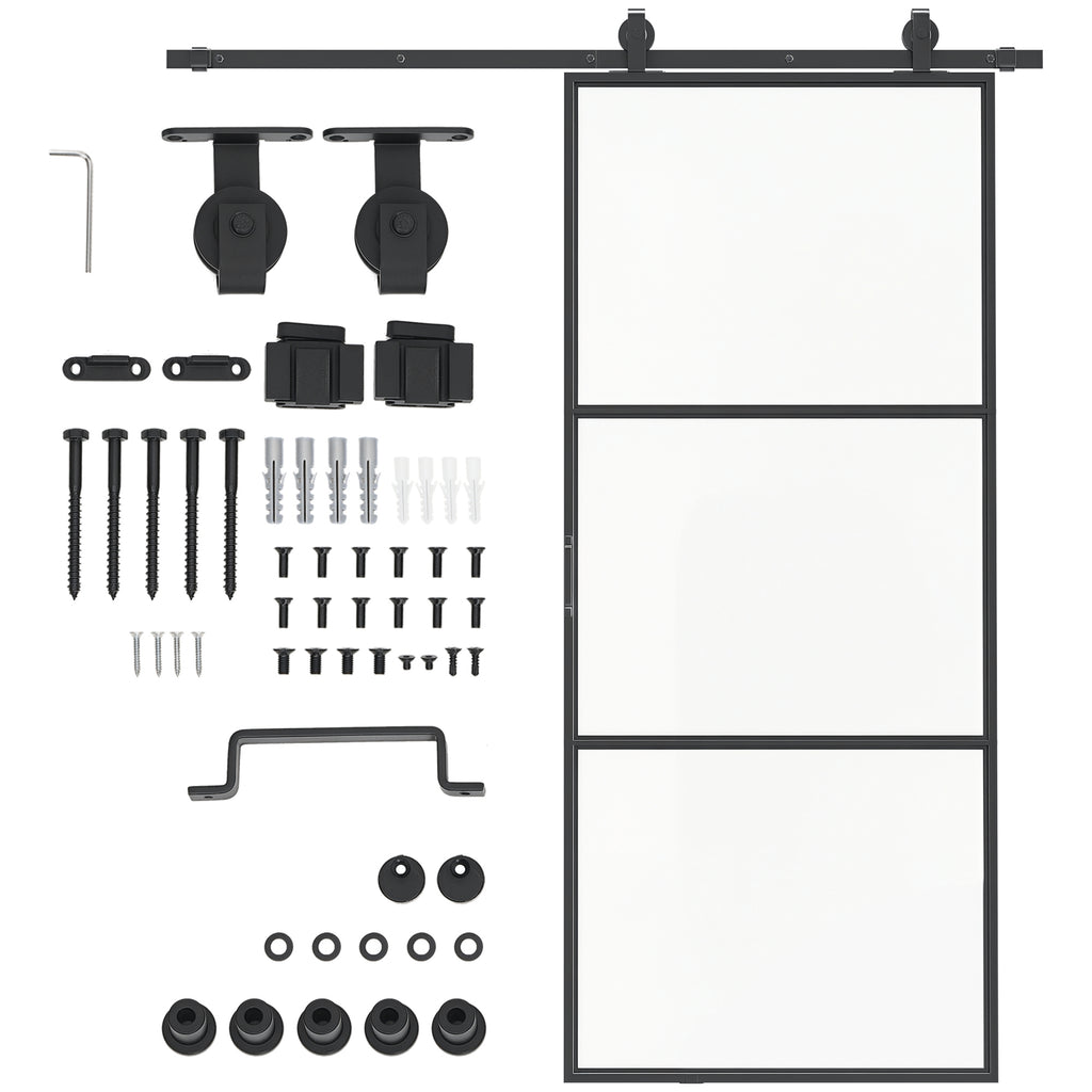 36" x 84" Sliding Door with Hardware Kit, Handle, & Track, Frosted Tempered Glass Door, Easy Installation - HAUSSLYON
