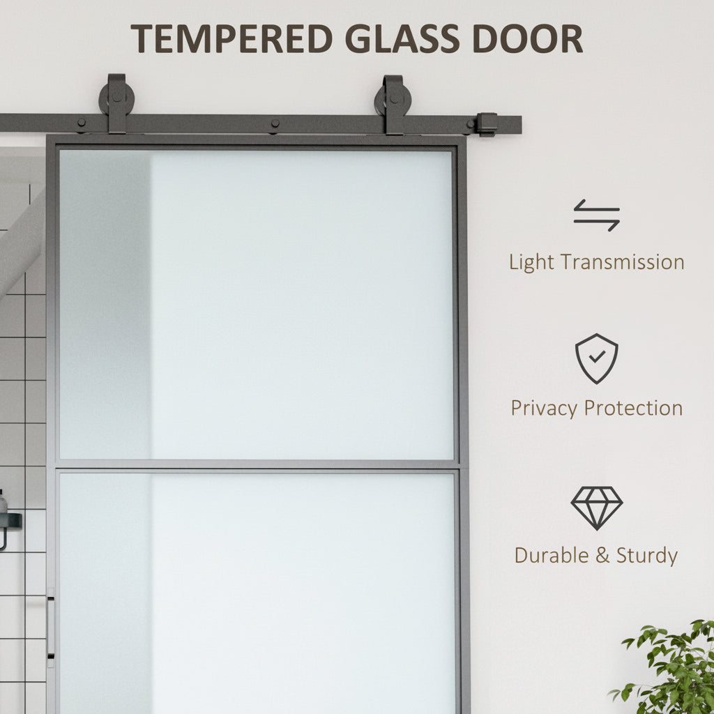 36" x 84" Sliding Door with Hardware Kit, Handle, & Track, Frosted Tempered Glass Door, Easy Installation - HAUSSLYON