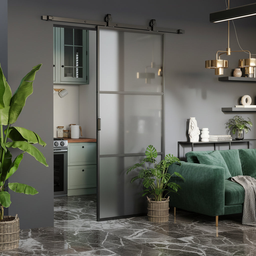 36" x 84" Sliding Door with Hardware Kit, Handle, & Track, Frosted Tempered Glass Door, Easy Installation - HAUSSLYON