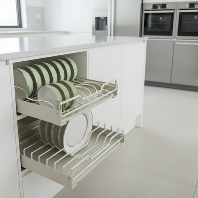 Rangement pour vaisselle coulissant Windsor de VidaXL avec compartiments en bois et cadre en métal.