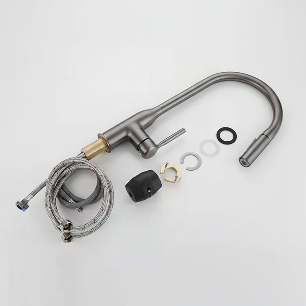 Copper Gun Gray Kitchen Faucet Pull-out Hot And Cold Double Water Outlet Rotatable - HAUSSLYON
